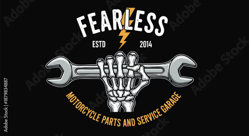 Skeleton Hand Holding Wrench Emblem for Motorcycle Parts and Service Garage.