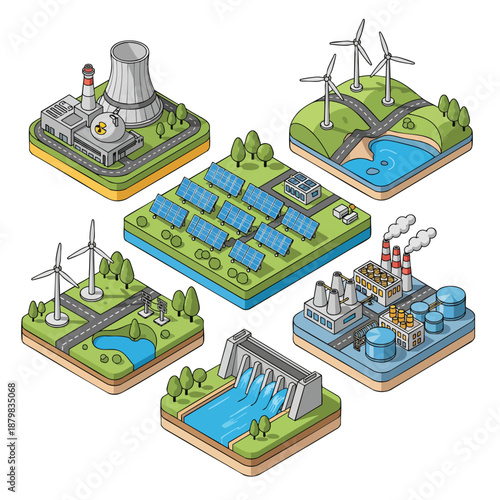 Diverse Renewable Energy Sources Collection: Solar, Wind, Hydro, Nuclear and Industrial Power Generation.