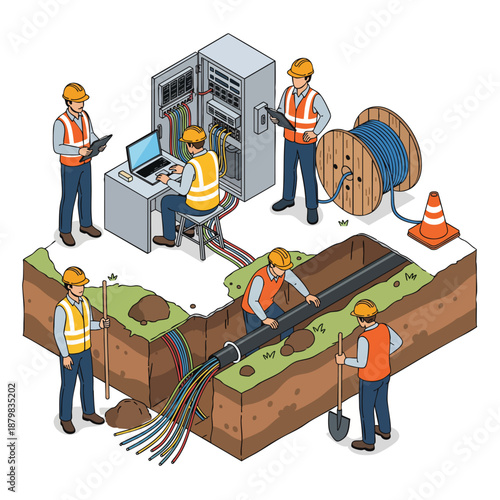 Fiber Optic Network Installation: Professionals Laying Cables and Connecting Equipment.