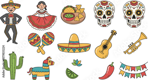 Vibrant Mexican Culture Illustration Set Featuring Traditional Attire, Festive Food, Sugar Skulls, Instruments, Decorations, and Iconic Symbols