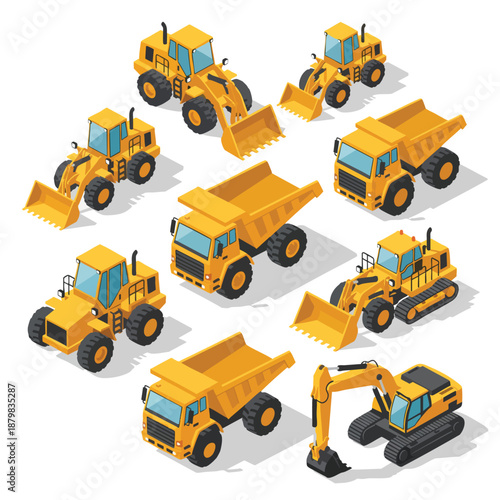 Heavy Construction Equipment Collection: Dump Trucks, Loaders, and Excavator in Isoketric View.