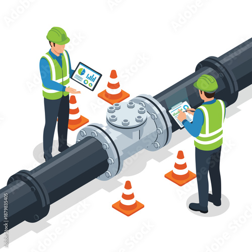 Industrial inspection of pipeline control valve system by workers with data tablets and charts.