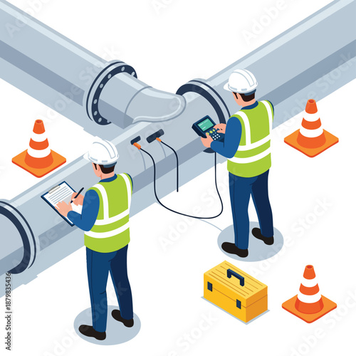 Industrial inspection of pipelines by workers in reflective vests with gauges and clipboard, safety cones and toolbox on white background.
