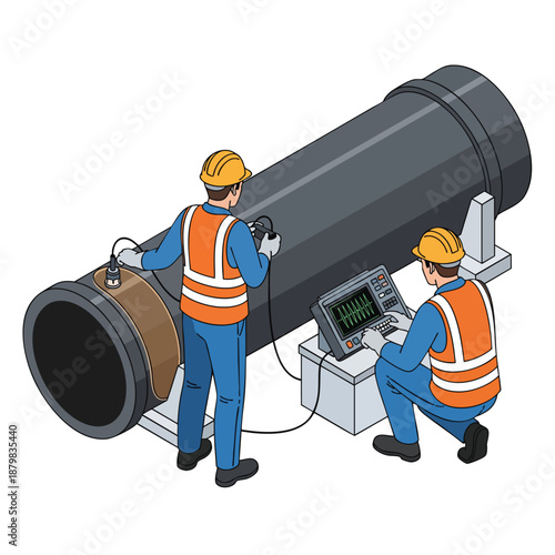 Industrial inspection: technicians checking large pipe integrity with ultrasonic testing equipment for quality control and safety assurance.
