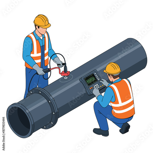 Industrial Inspection: Technicians performing ultrasonic testing on a large pipe for quality control and safety checks in energy sector.