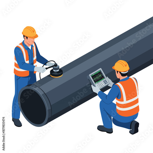 Industrial Inspection: Workers Conduct Ultrasonic Testing on a Large Pipe for Quality Control and Safety.