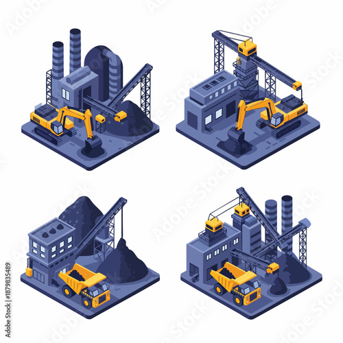 Industrial Mining and Construction Site Isometric Illustrations with Excavators, Trucks, and Cranes.