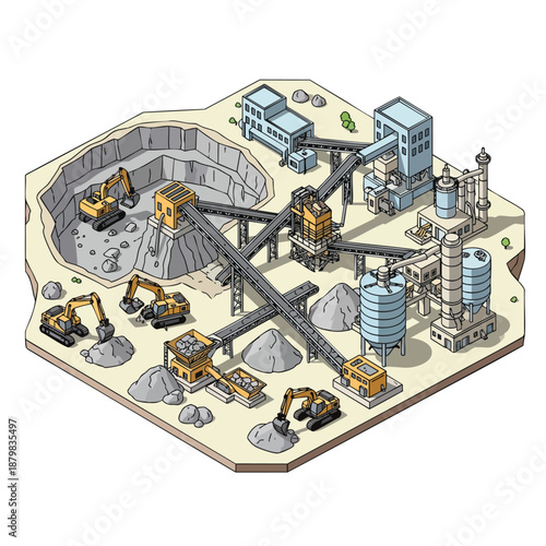Industrial Mining and Processing Plant with Excavators and Conveyor Belts in Isometric View.
