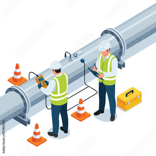 Industrial Pipeline Inspection: Technicians Using Devices for Maintenance and Quality Control in an Isometric View.