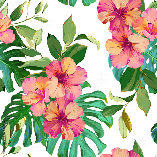 Seamless tropical pattern with flowers, plants. Paradise background, Hawaiian pattern.