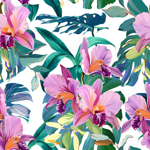 Seamless tropical pattern with flowers, plants. Paradise background, Hawaiian pattern.