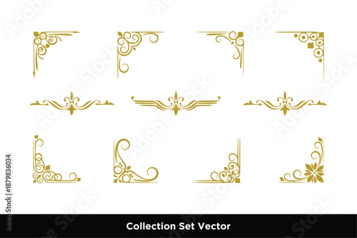 set of Decorative gold corner elegant borders and frames in a variety of ornate designs. Elaborate gold patterns for elegant decoration and decorative accents.