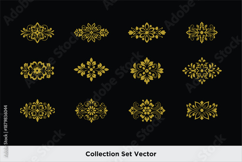 set of Premium Gold Ornamental carving Elements on Black design 