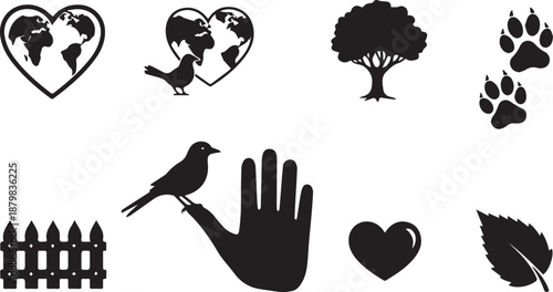Nature icons: leaf, tree, bird, paw print, heart, and hand symbols in black and white