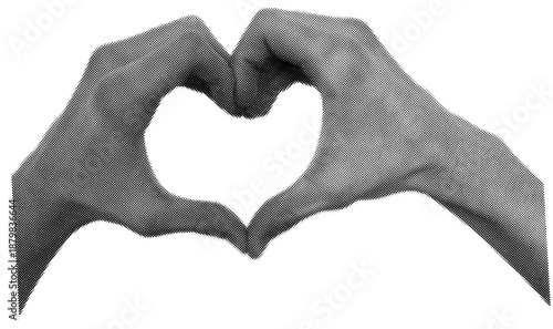Hand heart gesture collage halftone. Human hands  making love pop art effect.