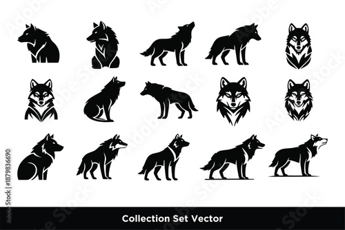 set of wolf silhouettes isolated vector logo icon