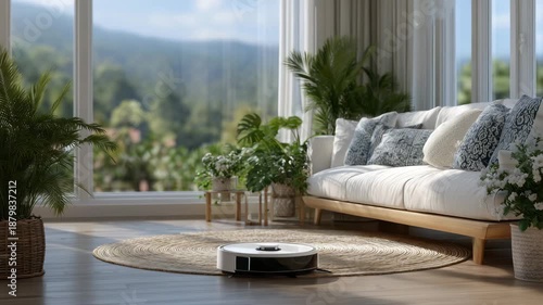 Wide living room scene with a robot vacuum cleaning a central rug, smart home environment with minimalist furniture, daylight illuminating dust-free surfaces, automation, convenien