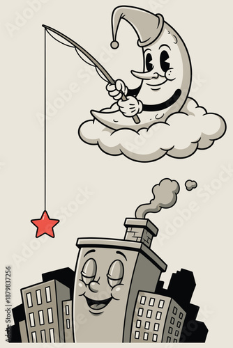 1930s Rubber Hose Style Retro Mascot Moon Fishing Above Happy City Buildings Illustration