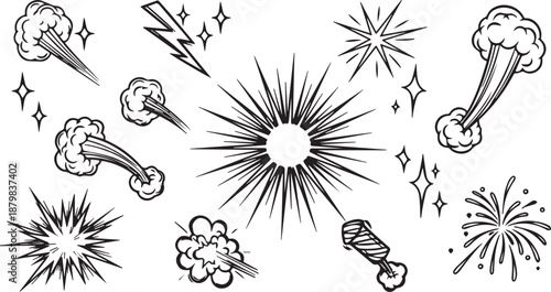 Comic book burst effects abstract doodle icons collection set of hand drawn vector illustration explosion element pop art style graphic design sparks and stars signs isolated