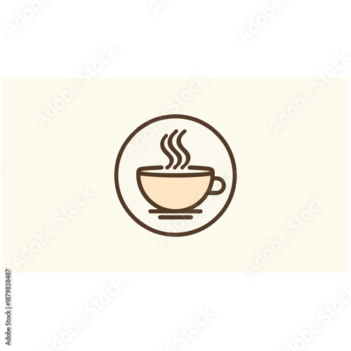 A steaming cup of coffee in a circular icon on a soft beige background, viewed from directly above, b34.svg as a reference