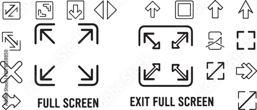 Black vector full screen icons set, including exit full screen and arrow mark icons. Scalable flat style for UI, mobile apps, websites. Vector illustration, interface, navigation, control and more.