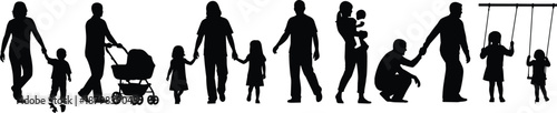 Family silhouettes showing parents and children holding hands walking playing caring together parenting love childhood lifestyle generations concept illustration