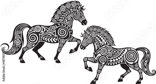 Two horses with decorative patterns on their bodies