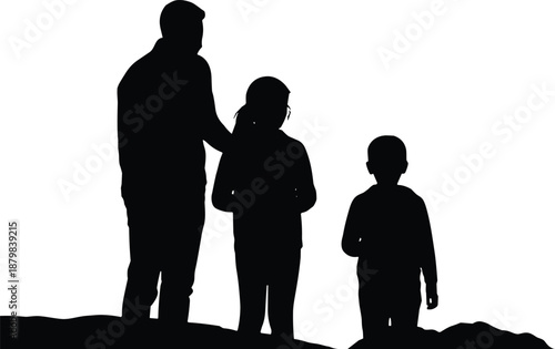 Family silhouette scene showing father with two children standing together, symbolizing care, protection, guidance, and strong parent child bond in simple black illustration style