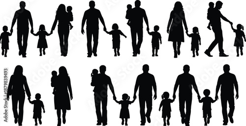 Family silhouettes collection showing parents and children holding hands walking together love care parenting childhood lifestyle unity social illustration concept