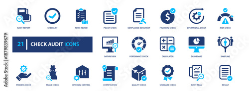 Check audit solid icon set. Verification approval checklist compliance inspection icons for business audit, finance report, management dashboard, and UI design