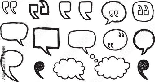 Hand drawn comic speech bubble set with clouds, rectangles, circles, and exclamation shapes for text, doodle dialogue callout collection