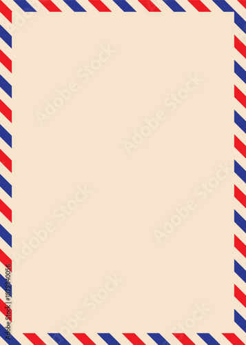 A retro cream stationery background featuring a classic red and blue diagonal striped airmail border.