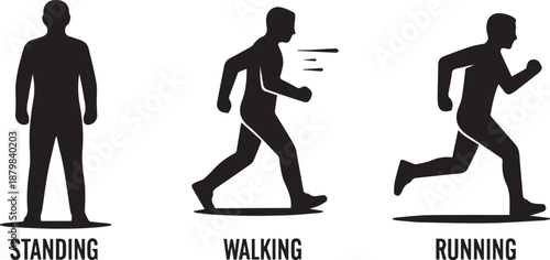 Running and walking people icons. Man stands, walk and run illustration. People symbol. Run, walk, stand. 