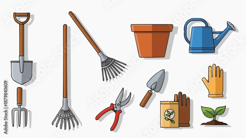 Gardening tools and equipment arranged neatly on a white surface, showcasing various implements for planting and nurturing plants.