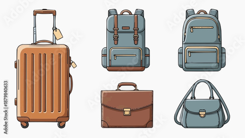 Various travel bags and luggage items displayed together in a collection, showcasing different styles and designs, vector illustration.