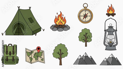Camping Scene with Tent, Campfire, and Outdoor Gear in Wilderness Landscape