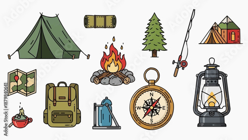 Camping icons collection featuring tent, compass, lantern, and outdoor elements in a graphic illustration