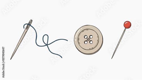 Sewing essentials including needle, thread, button, and pin arranged neatly for a crafting project