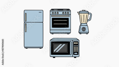 Kitchen appliances illustration featuring refrigerator, oven, microwave, and blender from a front viewpoint