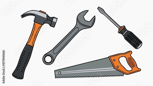 Assorted carpentry tools including hammer, wrench, screwdriver, and saw on a clean background