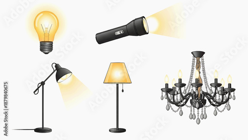 Various lighting fixtures including lamps and a chandelier illustrated in a simple style