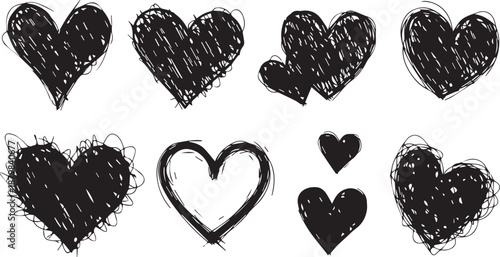 heart collection with textured effect - vector hand drawn romantic shapes in sketch style showing different strokes and filling patterns.