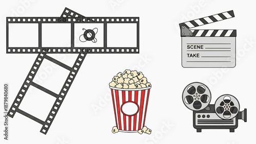 Filmstrip with camera lens, cinema clapboard, popcorn bucket, and projector icons arranged in a creative collage layout