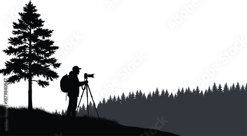 Photographer silhouette with camera on tripod in forest landscape, outdoor photography and nature exploration concept, wilderness scenery and adventure lifestyle illustration
