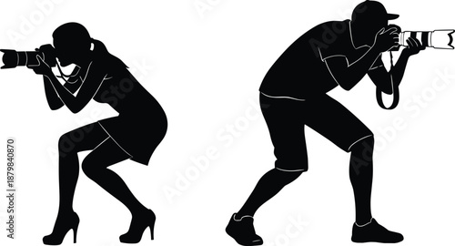 Photographer silhouettes showing professional man and woman taking photos with cameras creative journalism paparazzi media photography action concept illustration