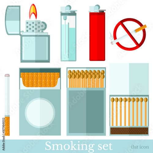 Collection of Smoking And Tobacco Elements On White. Flat Vectro Icon Sets