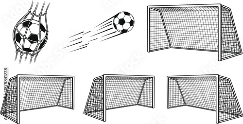 Collection of soccer ball and goalpost illustrations showing net scoring, fast motion, and different perspectives for sports design graphics