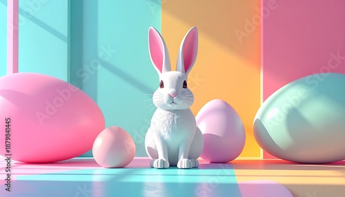 A modern and playful Easter illustration featuring a cute white bunny surrounded by pastel-colored Easter eggs, set against a bold, solid background with vibrant colors.