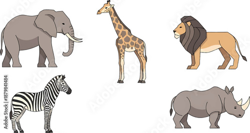 Flat illustration of elephant, giraffe, lion, zebra, and rhinoceros standing in profile against a clean white background.