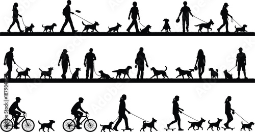 People walking dogs silhouettes collection showing men women and cyclists outdoors with pets daily activity urban lifestyle animal care concept illustration